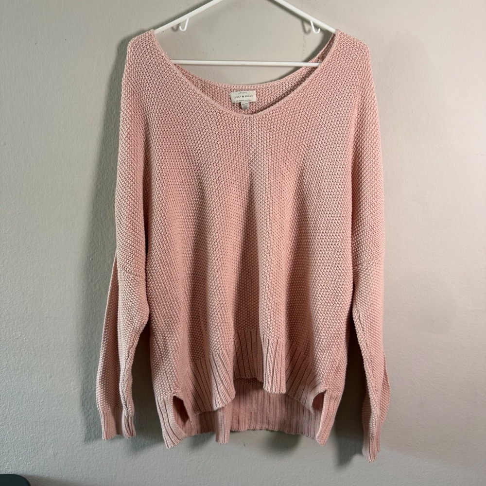 Lucky Brand Womens Blush Pink V-Neck Textured Knit Oversized Sweater XL Slit Hem